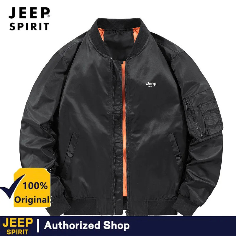 JEEP SPIRIT เสื้อแจ็คเก็ตฤดูใบไม้ร่วงและฤดูหนาว Air Force MA-1 Pilot Bomber Jacket สำหรับผู้ชาย สีทึบ ไม่มีฮู้ด ปุ่มซิป