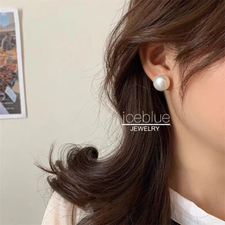 iceblue-ต่างหูติดหูลูกมุกกลมแบน ขนาด 8 มม ถึง 14 มม ไม่ก่อภูมิแพ้ กันน้ำ กันเหงื่อ ไม่ซีดสี สำหรับสุภาพสตรี E97