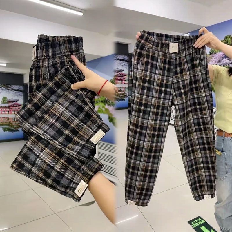 กางเกงลำลองลายสก๊อตย้อนยุคสำหรับฤดูใบไม้ร่วง ทนทานและสวมใส่ได้ทุกวัน