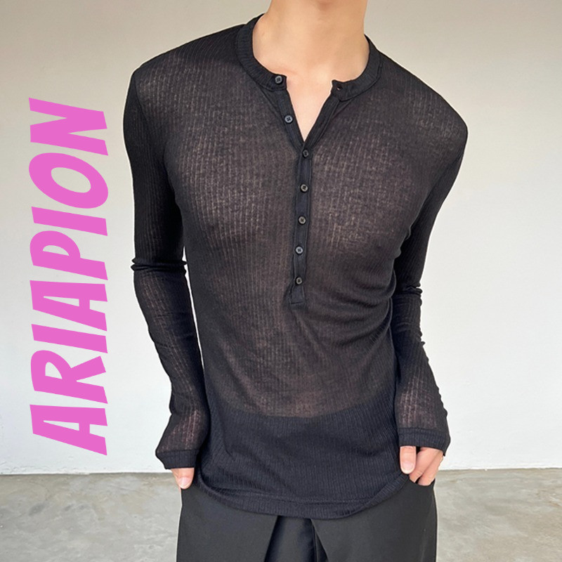 AriaPion Spring Summer Thin Sheer Henley Neck Long Sleeve Top with Button Detail