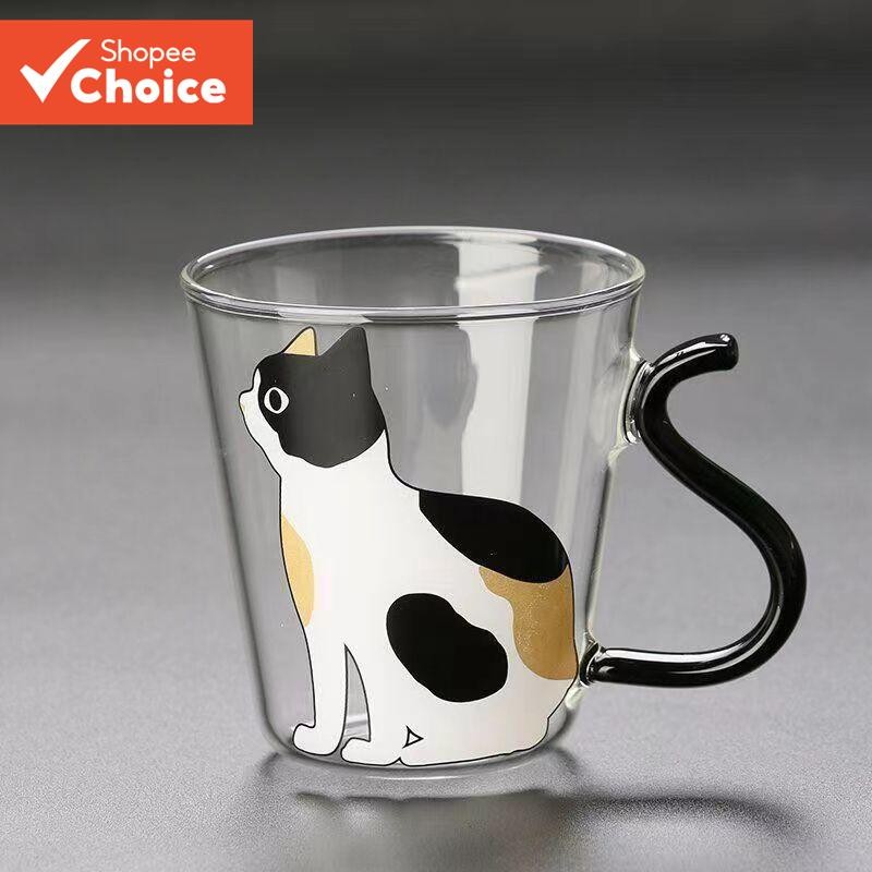 One แก้ว Cat Cup ทนความร้อนเย็น-Resistant Creative Mug Novelty Cat Cup 260ml/8.8oz, ถ้วยสํานักงาน, ถ้วยแก้วพร้อมฟาง