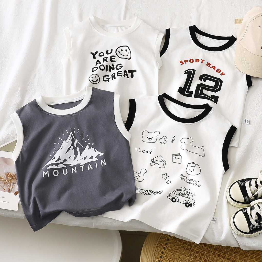 ((80-140 ขนาด) พร้อมสต็อกเด็กฤดูร้อนผ้าฝ้ายแท้เสื้อกั๊กเด็กชายแขนกุดด้านบนเสื้อยืดเด็ก