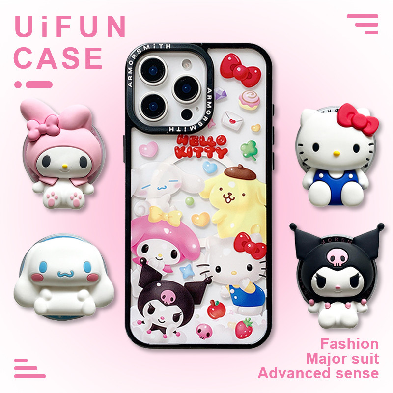 น่ารัก Kuromi Melody Hello Kitty ผู้ถือขาตั้งไร้สายชาร์จเคสโทรศัพท์สําหรับ iPhone 16E 15 14 Plus 13 12 Pro Max 11 อะคริลิค Shock Proof โทรศัพท์มือถือ Shell