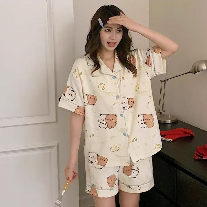 ชุดนอนแขนสั้นจากผ้าฝ้ายแท้ การ์ตูนน่ารัก สบายสำหรับบ้านและฤดูร้อน
