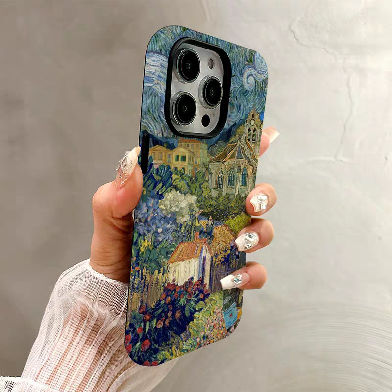 เคสแข็งสไตล์ภาพวาดสีน้ำมันสำหรับบ้านเมือง เข้ากันได้กับ iPhone 11 Pro Max 15 Pro 16 Pro Max เคสโทรศัพท์ XR XS XSMAX สองชั้นทนทาน 7/8 PLUS 15 Pro Max 14 12 13 รูขนาดใหญ่