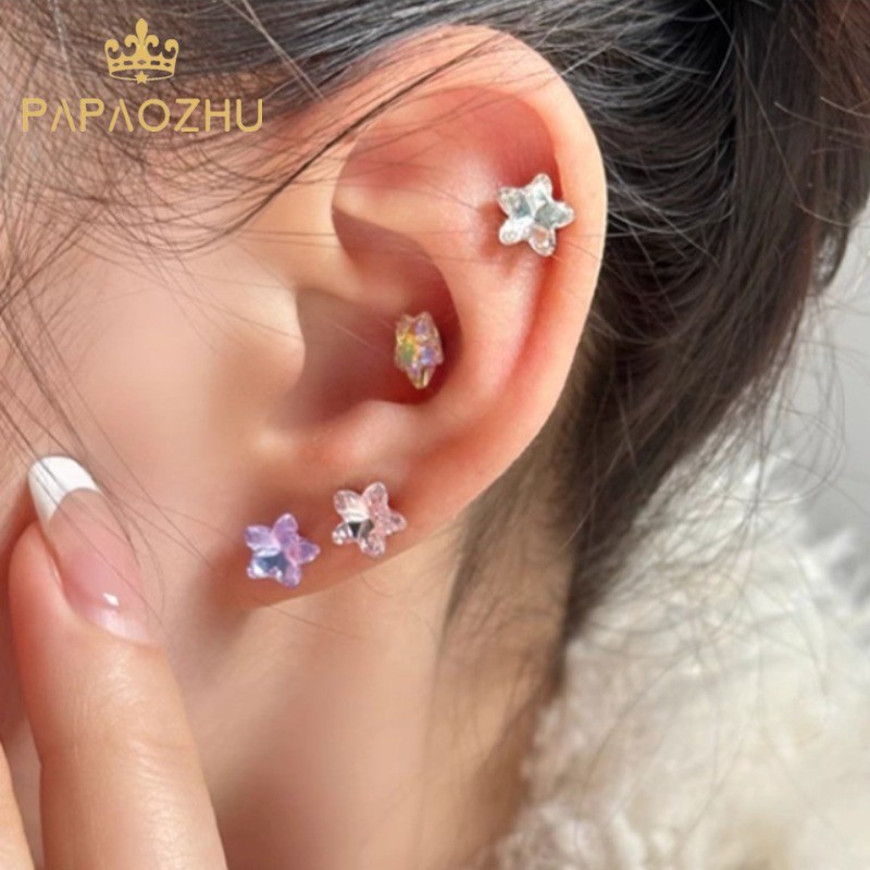 PAPAOZHU 1PC เกาหลี s925 เงิน Glittery Star Pierced สกรูต่างหูผู้หญิงแฟชั่น Studs เครื่องประดับ