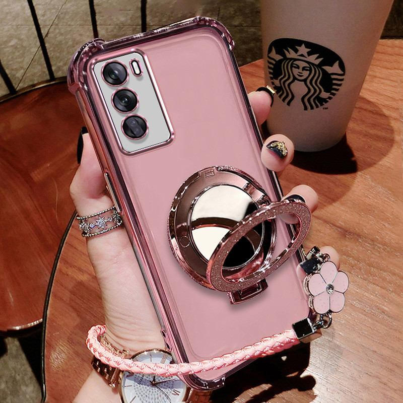 ปลอก OPPO Reno 12 pro 5G Reno 12 5G Luxury glitter สร้อยข้อมือ Clover โปร่งใสพร้อมกระจกแต่งหน้าขาตั้งเคสโทรศัพท์ SJSFDDR