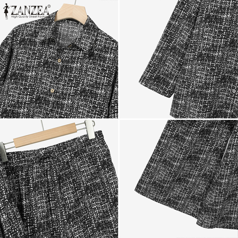 ZANZEA ผู้หญิงวินเทจลําลอง V คอแขนยาวกระเป๋าพิมพ์ปุ่มด้านข้าง Slit กางเกงขายาว 2 ชุด PC - รูปที่ 6