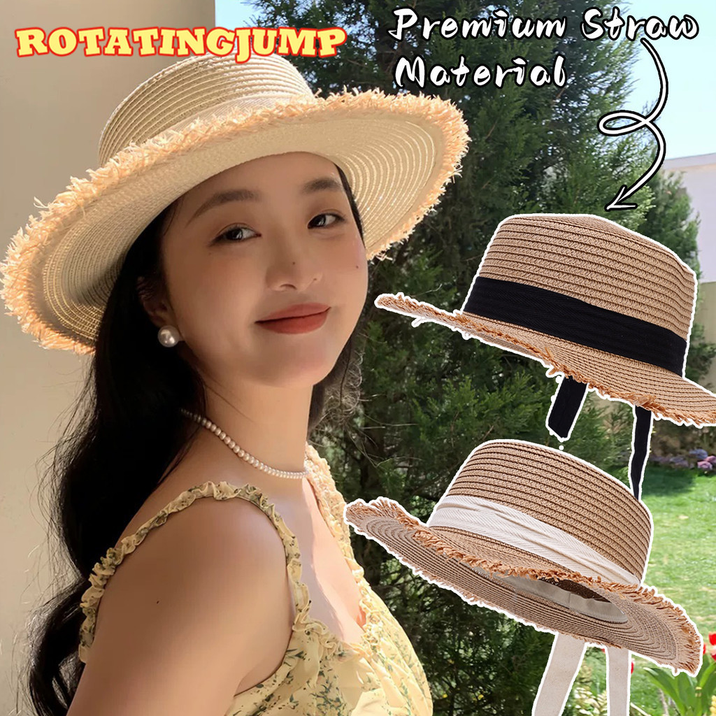 [ในแฟชั่น]หมวกฟางโบว์ฝรั่งเศสกว้างปีกหมวกฤดูร้อนสําหรับผู้หญิงออกแบบด้านบนแบนหรูหราพร้อมวงด้านในปรับได้,อุปกรณ์กันแดดสำหรับชายหาดและงานแต่งงาน