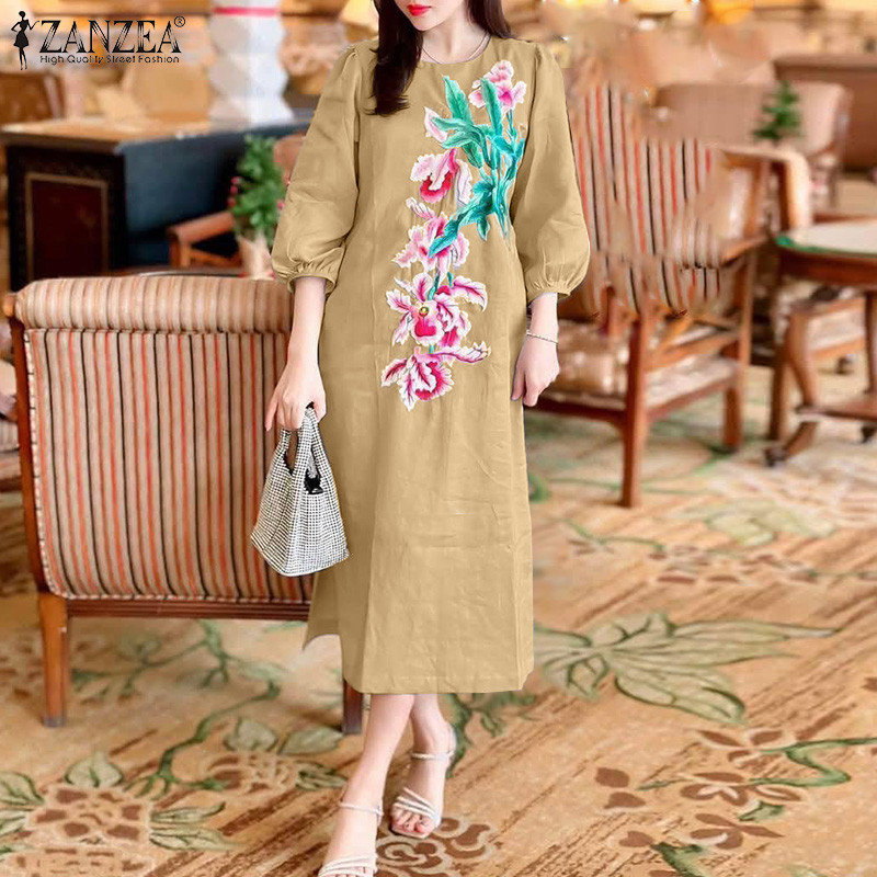 ZANZEA ผู้หญิงเกาหลี Ladylike สタイルลูกเรือคอ 3/4 แขนโคมไฟพิมพ์ลายดอกไม้ Midi Dress - รูปที่ 3