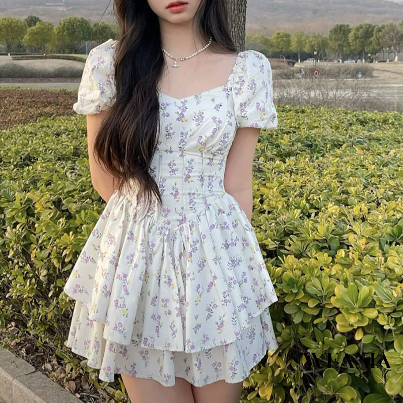 WEANIA French Floral Off The Shoulder Square Collar Bubble Sleeves Mini Dress