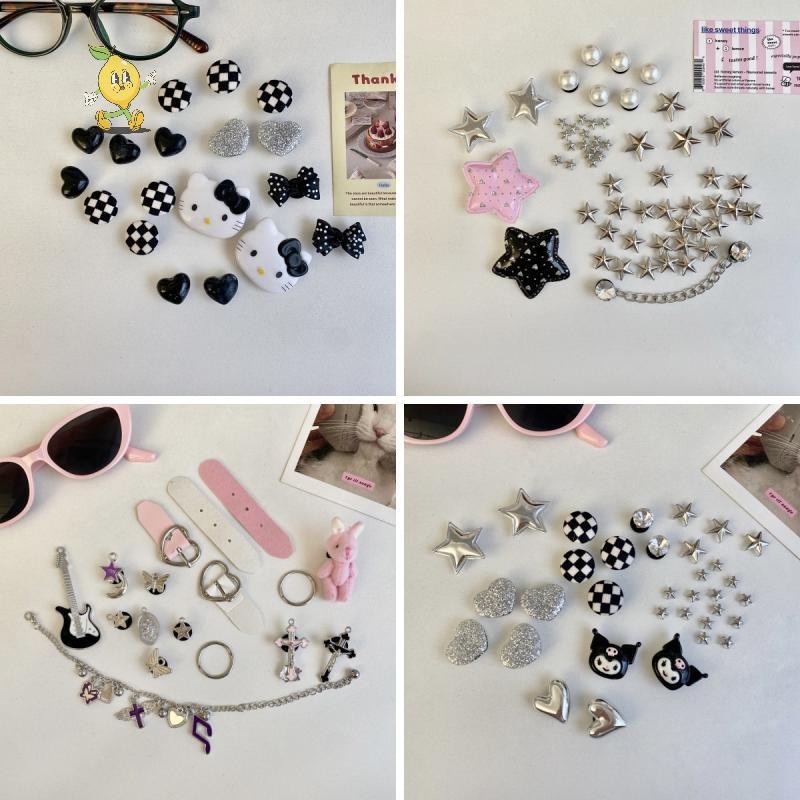 [mozh] 1เซ็ตสีดําและสีขาวธีมสาวผู้หญิงรองเท้าแตะอุปกรณ์เสริมรองเท้าCharmsหัวเข็มขัดชุดรองเท้าหลุมรองเท้าแตะตกแต่ง [TH] - รูปที่ 2