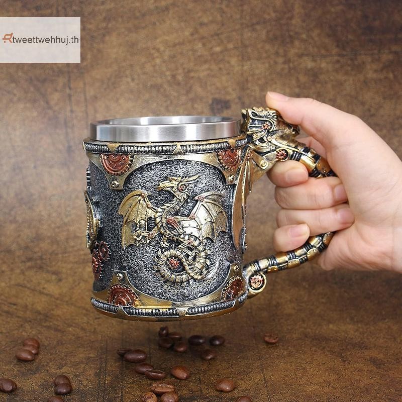 Tw ยุคกลาง Steampunk แก้วมังกร Renaissance Mechanical Dragons เบียร์ Stein Tankard ถ้วยกาแฟสแตนเลสวันพ่อของขวัญ huj