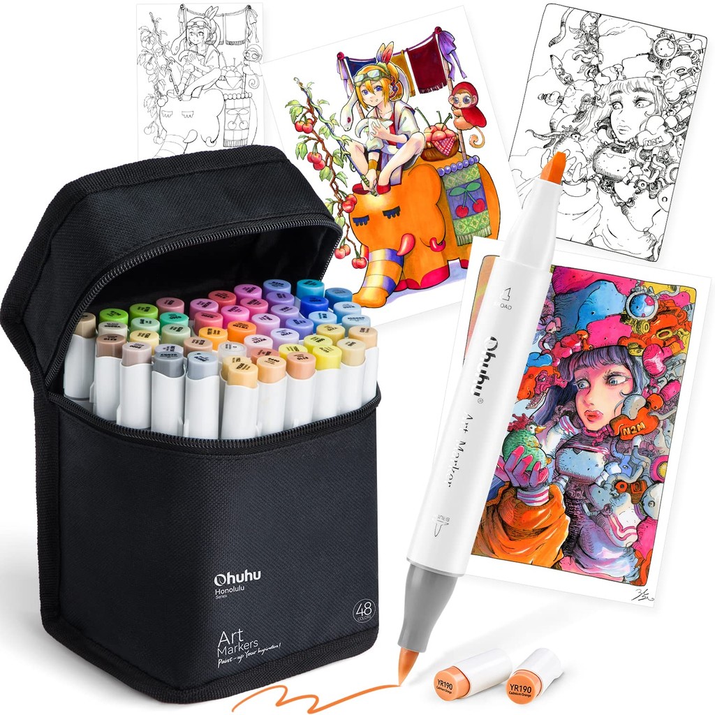 Ohuhu 48-Color Brush Marker Set with Blender Pen - Professional Illustration Markers - Honolulu Seri