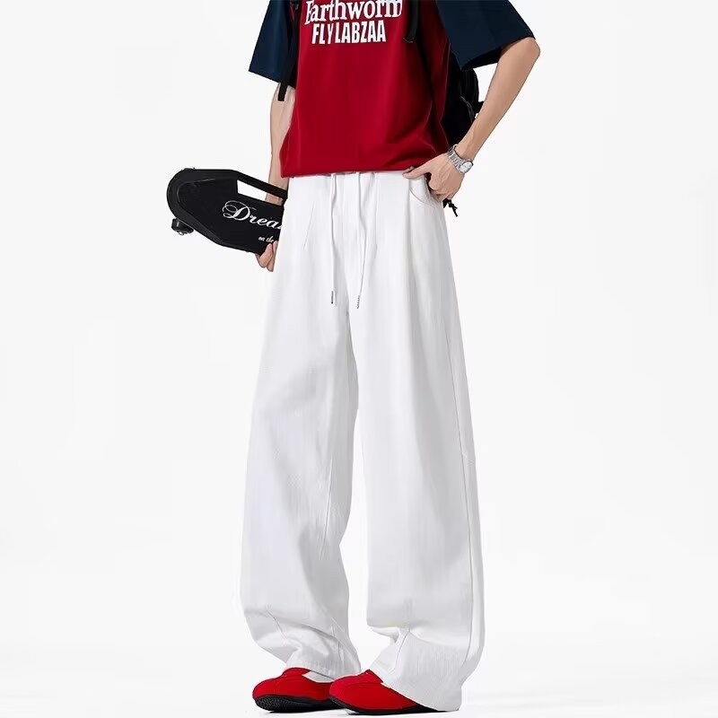 PannoFluxus กางเกงยีนส์ผู้ชายแฟชั่นและยอดนิยมอเมริกันย้อนยุค high street หลวมสบายๆสไตล์เป็นกลาง