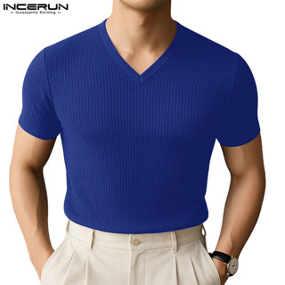 ไม่แน่นอน ผู้ชายเกาหลีมินิมอลลําลองคอ โวลต์ แขนสั้นแข็งถักเส…