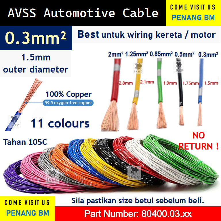 [1 เมตร] Wayar Automotif 0.3mm2 JAPAN AVSS 0.3 0.5 0.85 1.25 MM2 PURE COPPER ANTI FLAME AUTO WIRE CA