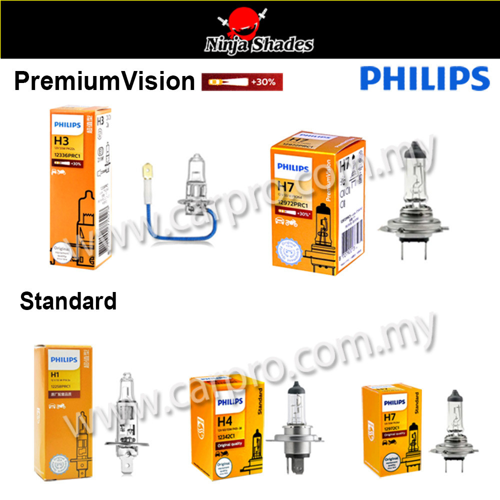 Philips หลอดไฟหน้ารถยนต์ 1 ชิ้น (ความสว่างมากกว่า 30% ) สําหรับ H1 , H3 , H4 , H7 ( 12/55w ) (60/55w