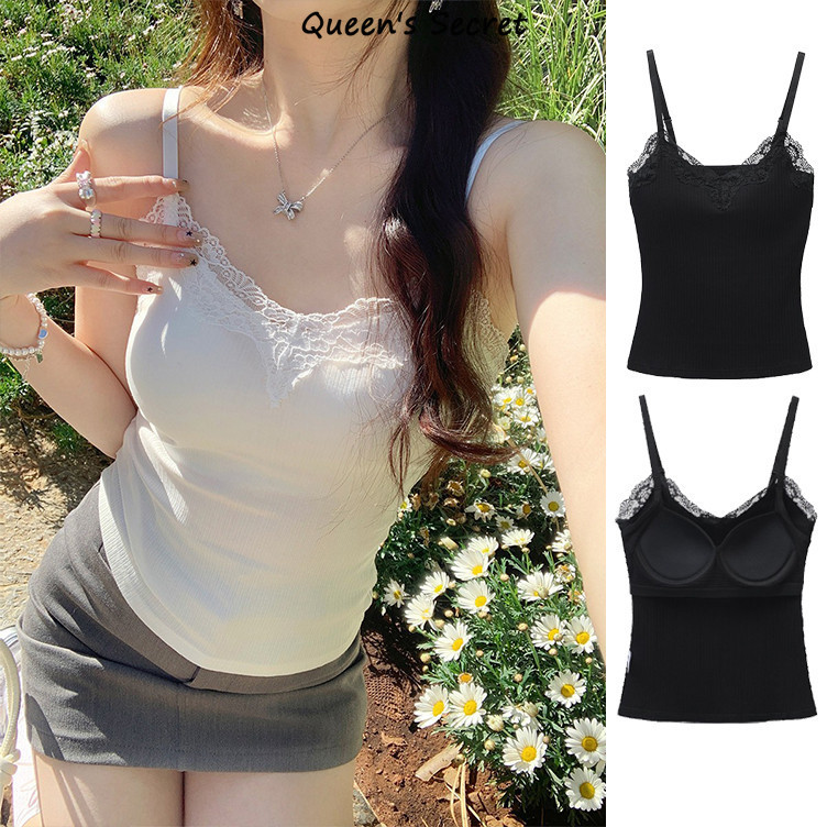 [ราชินี ความลับ] เสื้อกล้ามลูกไม้คอวีผู้หญิงพร้อมแผ่นรองหน้าอกถ้วยคงที่ผ้าฝ้ายแท้สายรัดไหล่บางยกทรง