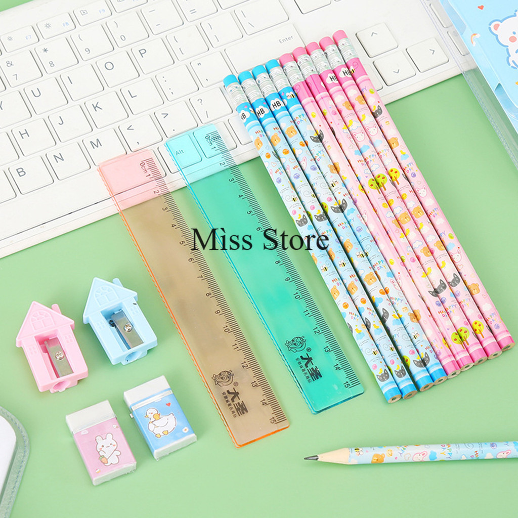 ชุดเครื่องเขียน ลายการ์ตูน 8 ชิ้น ไม้บรรทัด ยางลบ กบเหลาดินสอ  อุปกรณ์การเรียน สินค้าพร้อมส่งในไทย