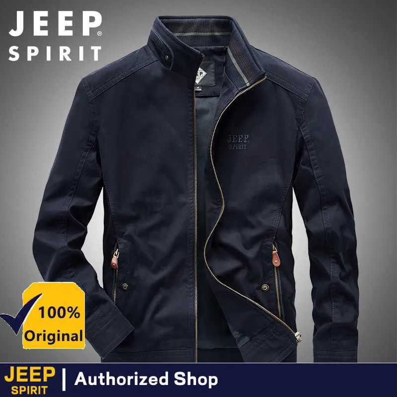 JEEP SPIRIT เสื้อแจ็คเก็ตคอปกตั้งผู้ชายผ้าฝ้ายแท้