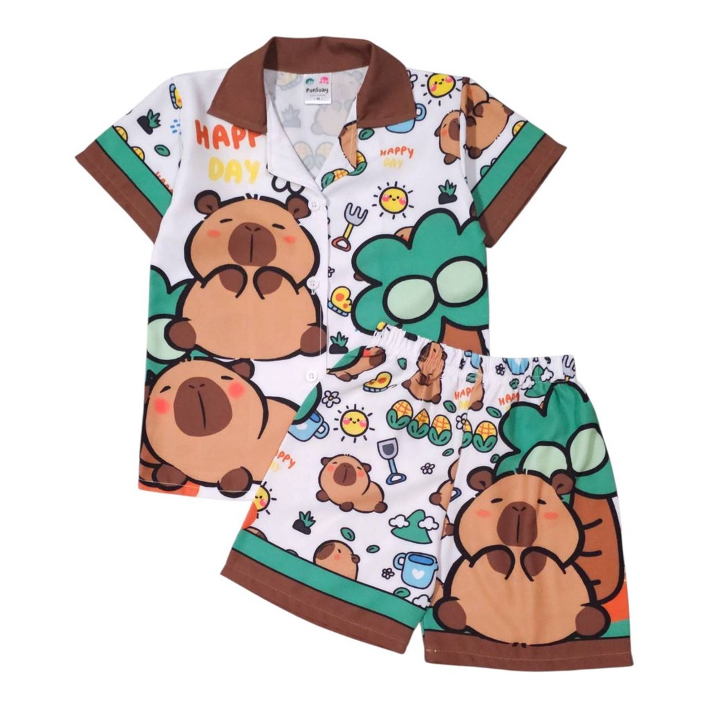 (H771#5) ชุดเด็ก เซ็ตเสื้อฮาวาย+กางเกงขาสั้น ผ้าไหมอิตาลี ลายคาปิบาร่า เสื้อผ้าเด็กแฟชั่น ชุดเด็กลายกาตูน ชุดเที่ยวทะเล