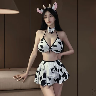 PANDA GIRL ชุดยั่วยวน คอสเพลย์หญิง ชุดคอสเพลย์แม่วัว 🥭 M-5XL นน40-100KG ลายวัว อกแต่งโบว์ ดีเทลแบบผูก P-080