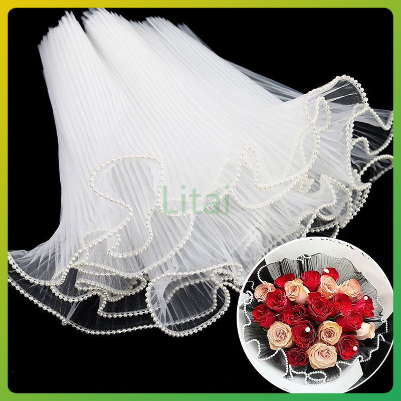 litai กระดาษห่อช่อดอกไม้ ประดับมุก เส้นด้ายลูกไม้ตาข่าย 4หลา วัสดุห่อดอกไม้ DIY