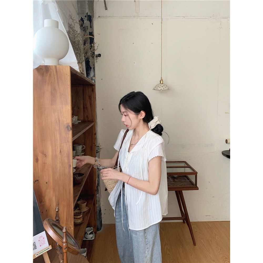 Veewink พร้อมส่งจากกทม เสื้อลําลองเสื้อเย็บผ้าด้านหน้าผูกธรรมดาสําหรับผู้หญิง สวย น่ารัก ใส่แล้วหุ่นสวย - รูปที่ 5