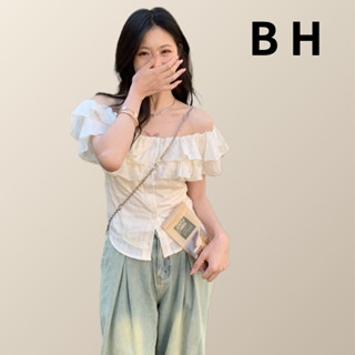 ข สไตล์เกาหลีหญิงชีฟองน่าระทึกใจไหล่ด้านบนแขนสั้นบางสีทึบสบา…