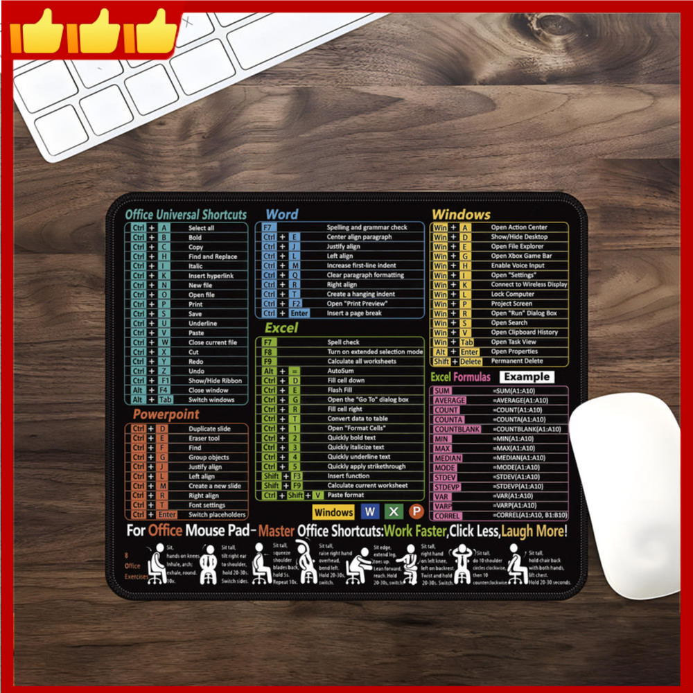 แผ่นรองเมาส์พกพา 11.8"x9.8" ปุ่มลัด Excel/Word/PowerPoint – กันน้ํา กันลื่น สําหรับเล่นเกม/สํานักงาน