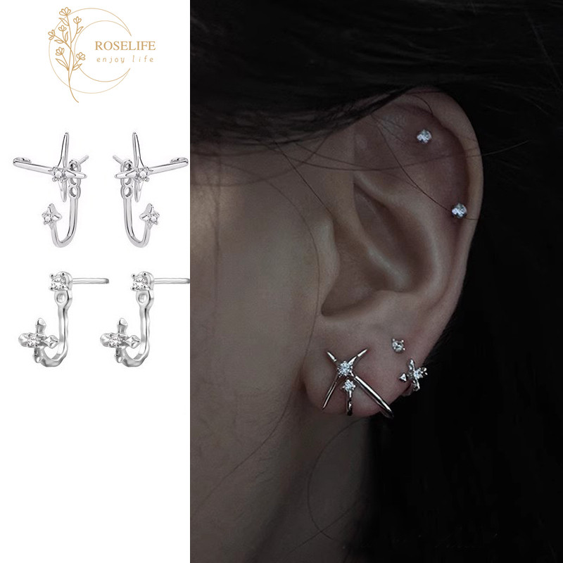 Roselife Cool แฟชั่นคริสตัลเงิน Cross Hook Pierced ต่างหูสำหรับผู้หญิงและผู้ชาย Studs เครื่องประดับ