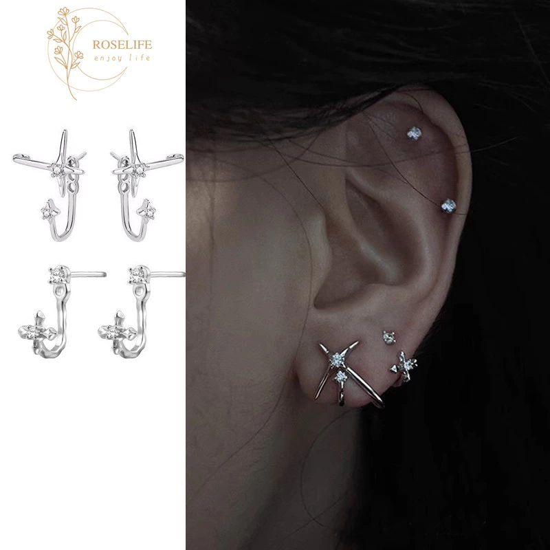 Roselife Cool แฟชั่นคริสตัลเงิน Cross Hook Pierced ต่างหูสำหรับผู้หญิงและผู้ชาย Studs เครื่องประดับ