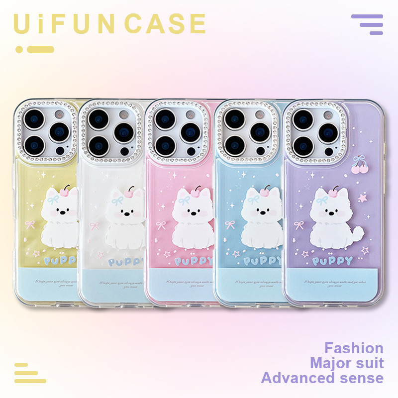 น่ารักเชอร์รี่Bowknotสุนัขเพชรเลนส์กรอบเคสโทรศัพท์สําหรับiPhone 16 15 14 13 12 Pro Max 11 15PromaxกันกระแทกIMDโทรศัพท์มือถือ