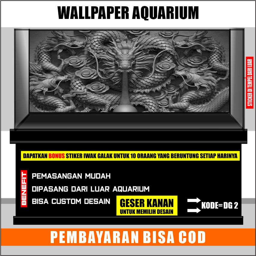 สติ๊กเกอร์ตู้ปลา พื้นหลังตู้ปลา 3D วอลเปเปอร์ตู้ปลาด้านหลัง 3D พร้อมภาพมังกร DG2