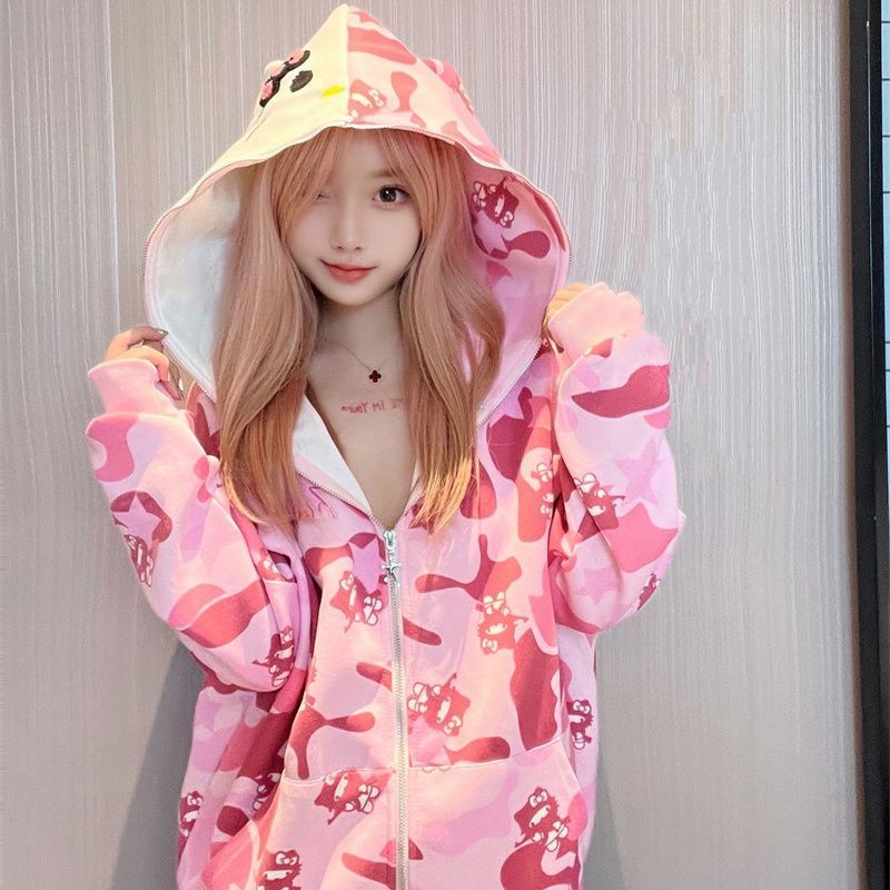 หูน่ารัก Kitty Cat พิมพ์ Camo Hooded ผู้หญิงซิปฤดูใบไม้ผลิฤดูใบไม้ร่วง