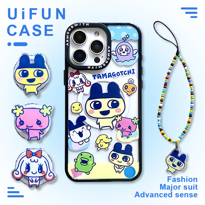 น่ารัก Mametchi กระต่าย Tamagotchi Kickstand ไร้สายชาร์จเคสโทรศัพท์สําหรับ iPhone 16E 15 14 Plus 13 12 Pro Max 11 พร้อมโซ่ Shock Proof Hard อะคริลิคปกหลัง