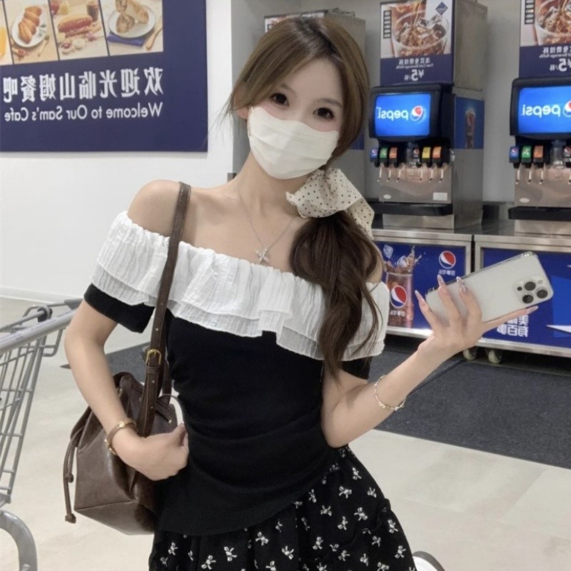 Mini shop🌸พร้อมส่ง🌸(56513) เสื้อไหมพรม เสื้อแฟชั่น แขนสั้น เข้ารูป เปิดไหล่ระบายสีพาสเทล - รูปที่ 2