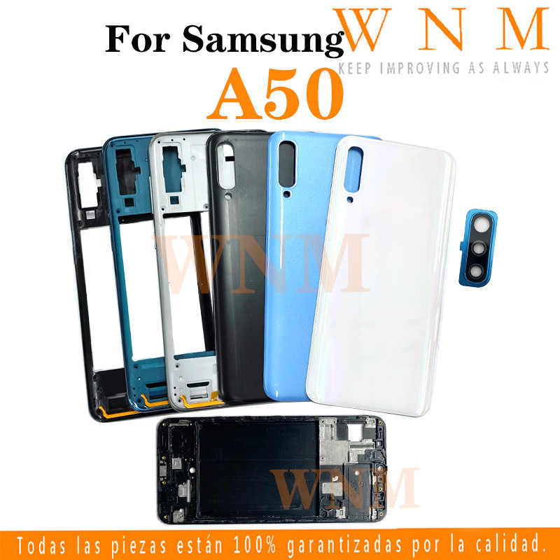 สําหรับ Samsung Galaxy A50 2019 A505 A505F LCD กรอบด้านหน้า Bezel ฝาหลังแบตเตอรี่ + กรอบกลาง + ชิ้นส่วนกรอบรูปกล้องด้านหลังกรณีที่อยู่อาศัยศูนย์แชสซีฝาครอบ