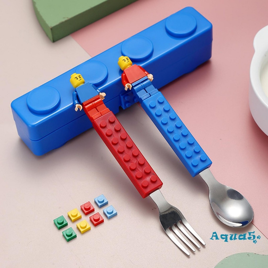 AQQ-เด็กวัยหัดเดินช้อนส้อมชุด Building Blocks Flatware เครื่องครัวแบบพกพา Party Supplies