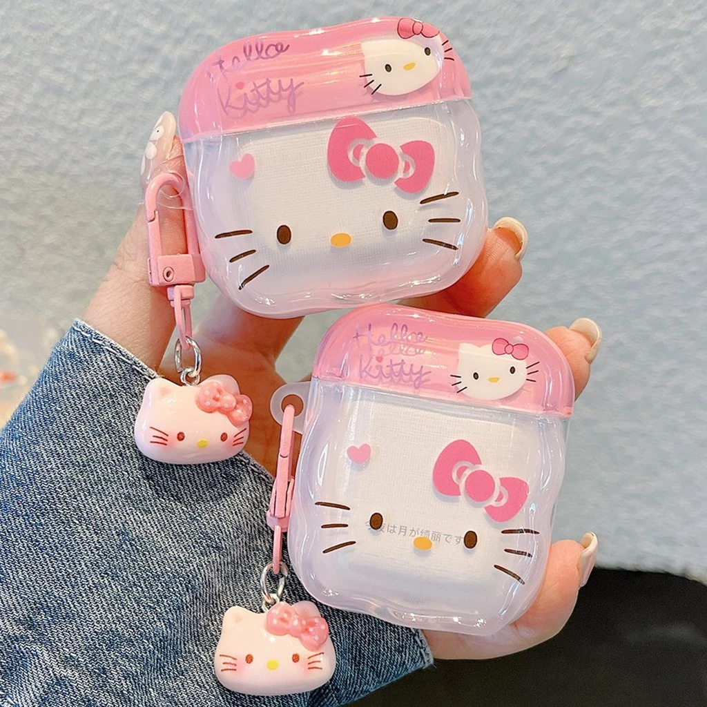 เคสหูฟังสําหรับ แอร์พอด 4 มือโปร 3 2 1 สีชมพูหวานลายคิตตี้นุ่ม ทีพียู ขอบคลื่นกันกระแทกบลูทูธไร้สายหูฟังฝาครอบป้องกันเปลือกที่มีจี้ป้องกันการสูญ