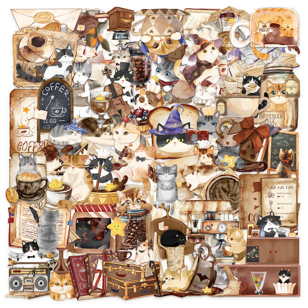 50 ชิ้นน่ารัก Cat Cafe PET พลาสติกสติกเกอร์ Transpanrent