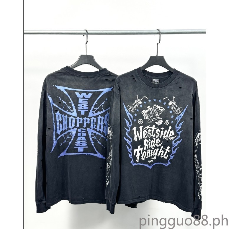 สเปรย์ Ma Liu Wash Water Gradient Make Old Purple Flame Motorcycle "Multi Position Complex Handmade Destruction เสื้อยืดแขนยาว