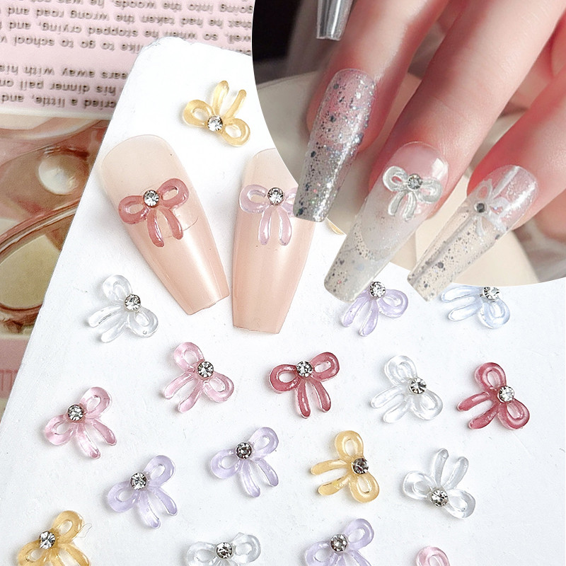10PCS สีทึบ Minimalist Bows เล็บ Charms โปร่งแสง Jelly Bowknots Mini Rhinestones ฝังตกแต่งเล็บสําหรับ DIY