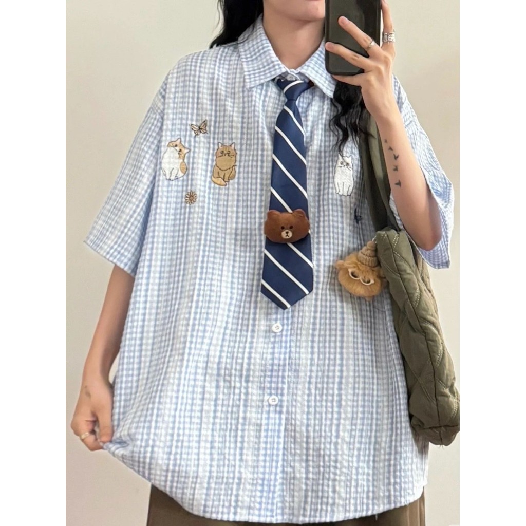 ฤดูร้อน Preppy สไตล์หลวม Slimmer ดู Retro ลูกแมวปักลายสก๊อตแขนสั้น