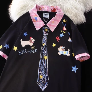 EERSHENSHI เสื้อโปโลปักวินเทจพร้อมดีไซน์ผูกเน็คไทสำหรับผู้หญิงฤดูร้อนชุดลำลอง
