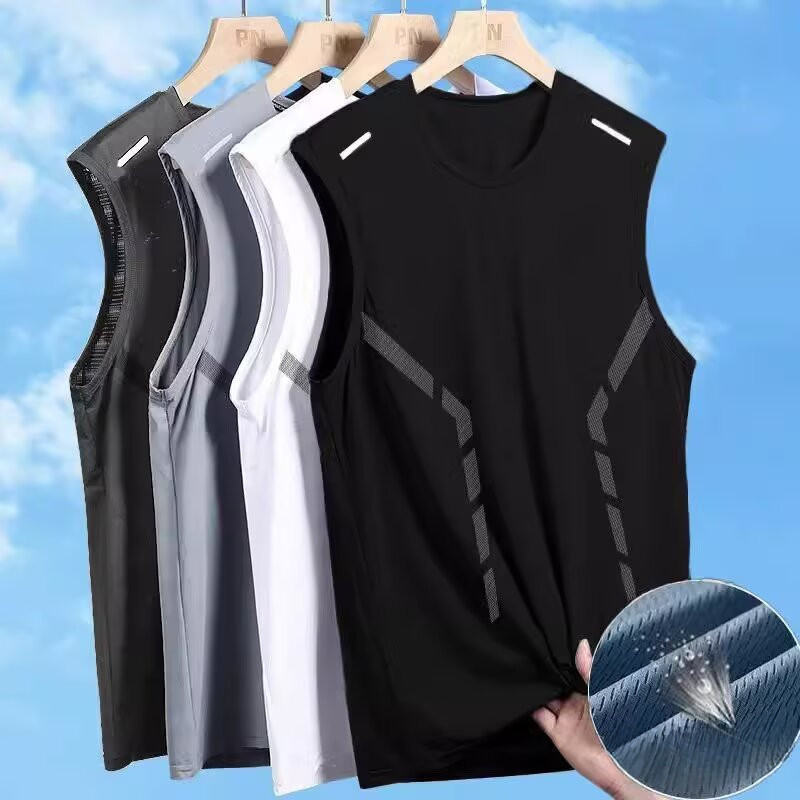 เสื้อยืดแขนกุดผ้าไหมน้ำแข็งสำหรับฤดูร้อน สำหรับผู้ชาย เรียบหรูและระบายอากาศได้ดี มีให้เลือกหลายสี