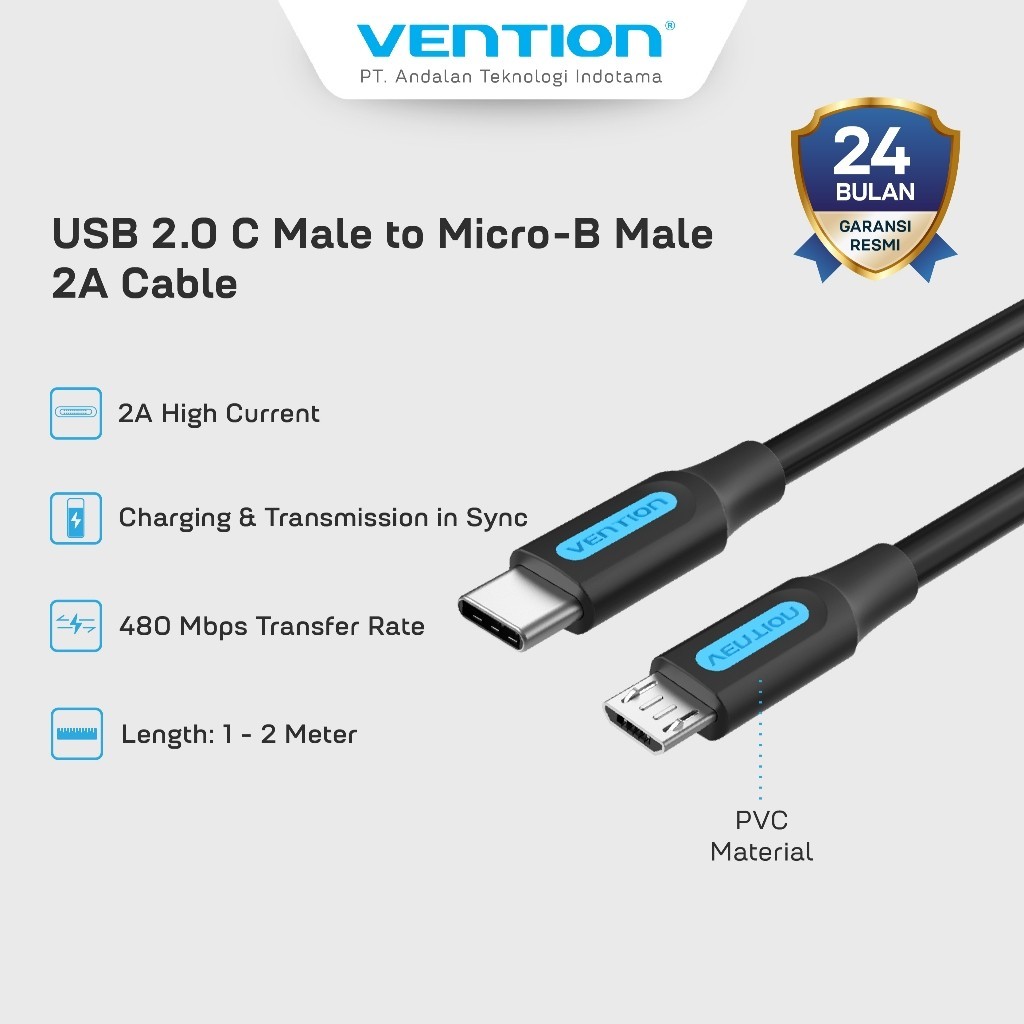 Vention Data Cable USB Type C to Micro B 2A 2A 480Mbps ยืดหยุ่นและทนทาน TPE 50CM 1M 1.5M 2M - COV