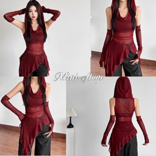 Mini shop🌸พร้อมส่ง🌸ใหม่ 2025 เดรส ฮูดดี้ผ้าซี่ทรู สีแดง แถมป…