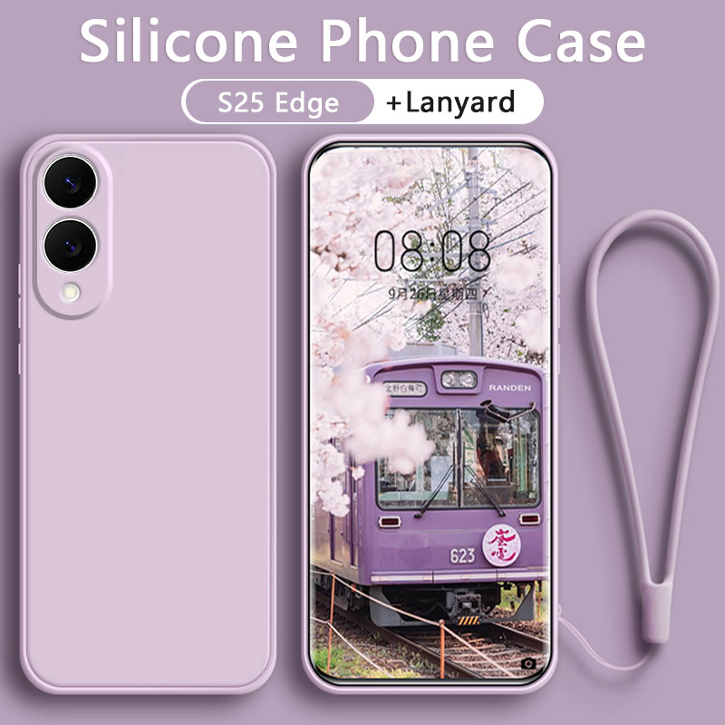 เคส Samsung S25 Edge S25 S24 S23 Ultra Plus FE 5G เคสซิลิโคนเหลวพร้อมกล้องแบบเต็มสายคล้อง สายคล้องเช